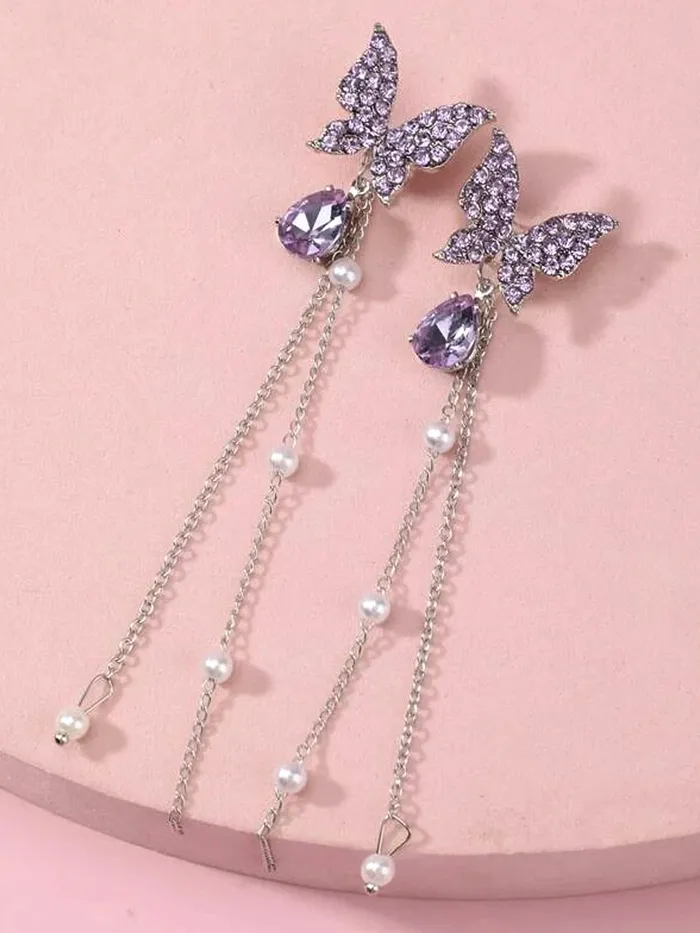 Earrings Kairangi Kairangi Earrings For Women Silver Tone Purple Crystal Butterfly Lever Back Drop Earrings For Women and Girls