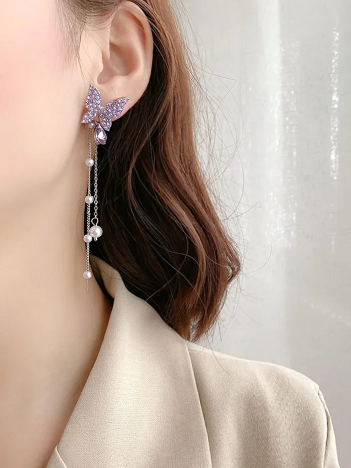 Earrings Kairangi Kairangi Earrings For Women Silver Tone Purple Crystal Butterfly Lever Back Drop Earrings For Women and Girls