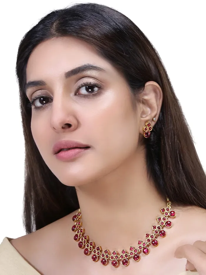 Earrings Yellow Chimes Yellow Chimes Jewellery Set For Women Studded Pink Stone Gold Plated Traditional Choker Necklace Set with Earrings For Women and Girls