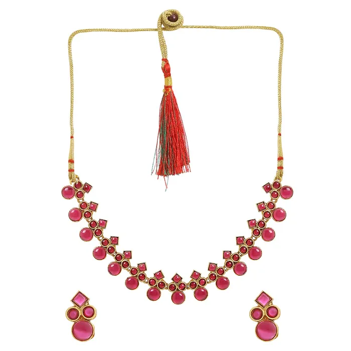 Earrings Yellow Chimes Yellow Chimes Jewellery Set For Women Studded Pink Stone Gold Plated Traditional Choker Necklace Set with Earrings For Women and Girls