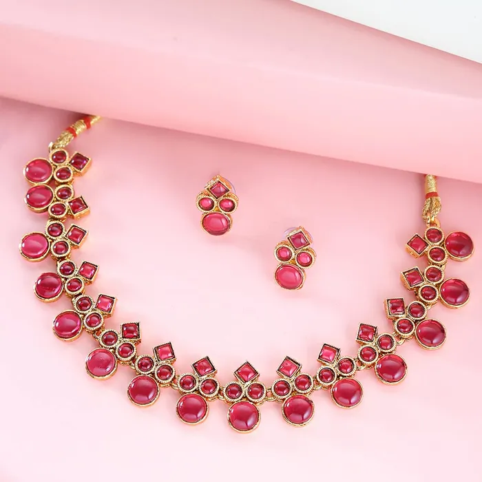 Earrings Yellow Chimes Yellow Chimes Jewellery Set For Women Studded Pink Stone Gold Plated Traditional Choker Necklace Set with Earrings For Women and Girls