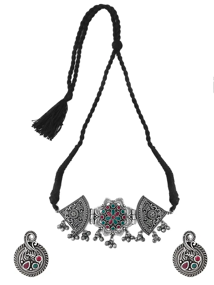Earrings Yellow Chimes Yellow Chimes Traditional Necklace set for girls Attractive Crystal Studded Silver Oxidised Ethnic Choker Necklace Set For Women Girls