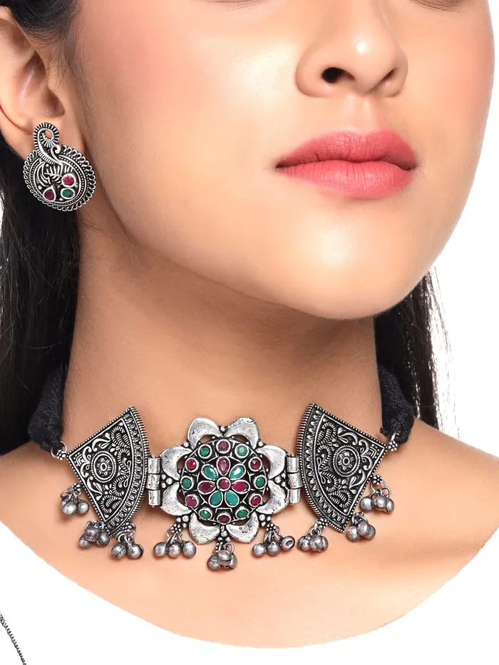 Earrings Yellow Chimes Yellow Chimes Traditional Necklace set for girls Attractive Crystal Studded Silver Oxidised Ethnic Choker Necklace Set For Women Girls