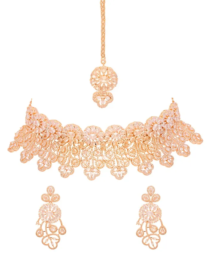 Necklaces Yellow Chimes American Diamond Jewellery Set for Women Rosegold Plated Bridal Wedding White AD Jewellery Necklace Set with Maang Tikka for Women and Girls Yellow Chimes Necklaces Yellow Chimes American Diamond Jewellery Set for Women Rosegold Plated Bridal Wedding White AD Jewellery Necklace Set with Maang Tikka for Women and Girls Yellow Chimes