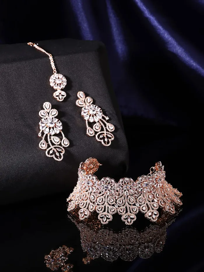 Necklaces Yellow Chimes American Diamond Jewellery Set for Women Rosegold Plated Bridal Wedding White AD Jewellery Necklace Set with Maang Tikka for Women and Girls Yellow Chimes