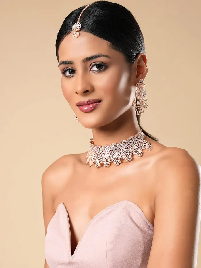 Necklaces Yellow Chimes American Diamond Jewellery Set for Women Rosegold Plated Bridal Wedding White AD Jewellery Necklace Set with Maang Tikka for Women and Girls Yellow Chimes