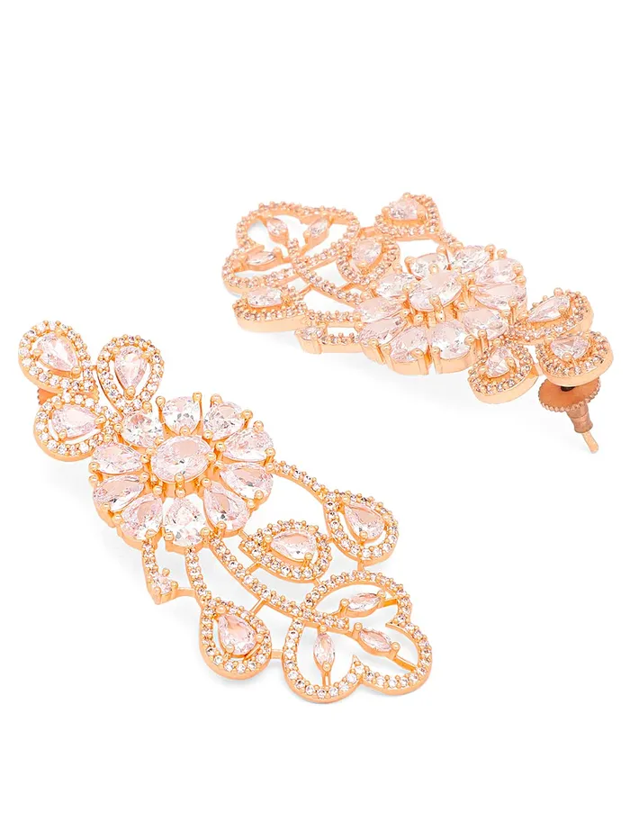 Necklaces Yellow Chimes American Diamond Jewellery Set for Women Rosegold Plated Bridal Wedding White AD Jewellery Necklace Set with Maang Tikka for Women and Girls Yellow Chimes