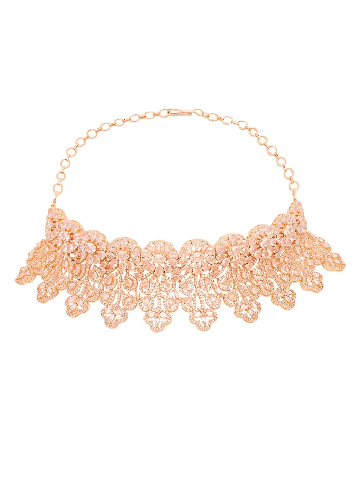 Necklaces Yellow Chimes American Diamond Jewellery Set for Women Rosegold Plated Bridal Wedding White AD Jewellery Necklace Set with Maang Tikka for Women and Girls Yellow Chimes