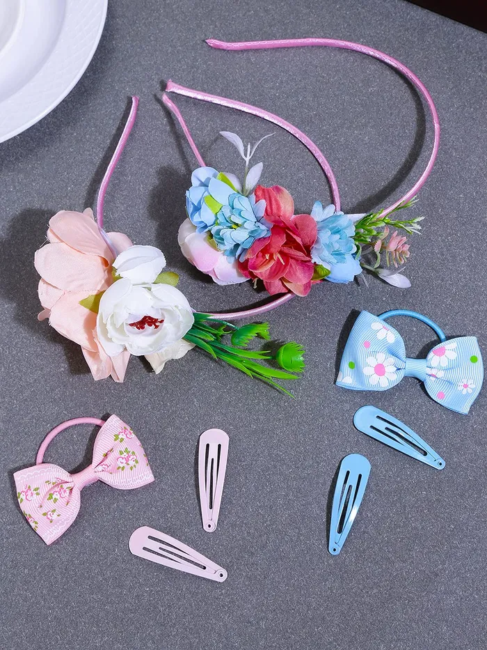 Necklaces Yellow Chimes Melbees by Yellow Chimes 2 Set Hair Accessories Imported Floral Hair Band with its 2 PCS Snap Hair Clips and 1PC Printed Ponytail Holders 2 Sets Hair Accessories for Girls and Kids