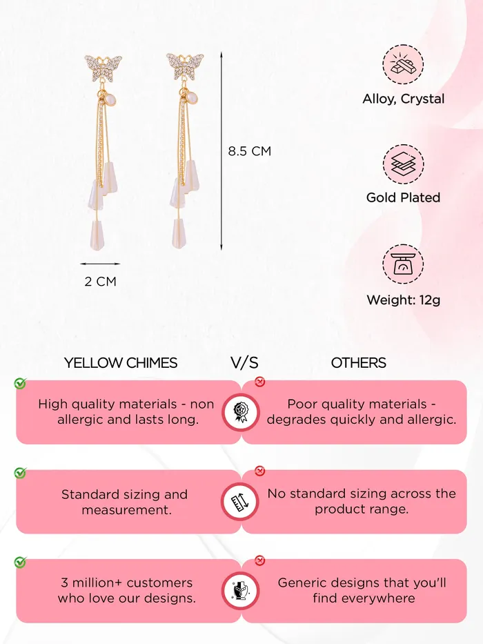 Necklaces Yellow Chimes Yellow Chimes Crystal Danglers Earrings for Women Gold Earrings for Girls Fashion Women Earrings Butterfly Long Chain Dangler Earrings Birthday Gift For Girls Anniversary Gift for Wife