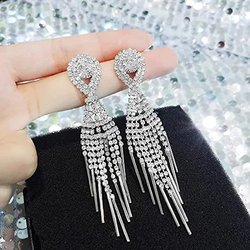 Yellow Chimes Crystal Danglers Earrings for Women Silver Earrings for Girls Fashion Women Earrings Long Chain Dangler Earrings Birthday Gift For Girls Anniversary Gift for Wife Yellow Chimes Necklaces