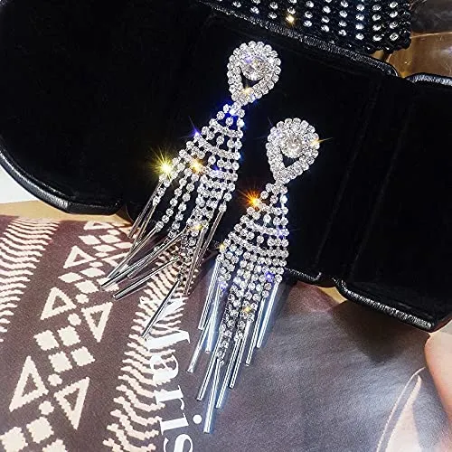 Yellow Chimes Crystal Danglers Earrings for Women Silver Earrings for Girls Fashion Women Earrings Long Chain Dangler Earrings Birthday Gift For Girls Anniversary Gift for Wife Yellow Chimes Necklaces