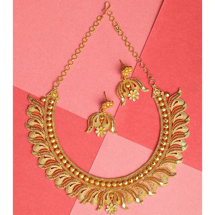 Yellow Chimes Earrings Yellow Chimes Ethnic One Gram Gold Lotus Flower Design Gold Plated Traditional Choker Necklace Set Jewellery Set for Women and Girls