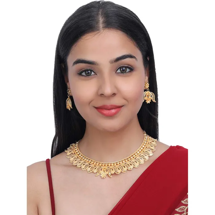 Yellow Chimes Earrings Yellow Chimes Ethnic One Gram Gold Lotus Flower Design Gold Plated Traditional Choker Necklace Set Jewellery Set for Women and Girls