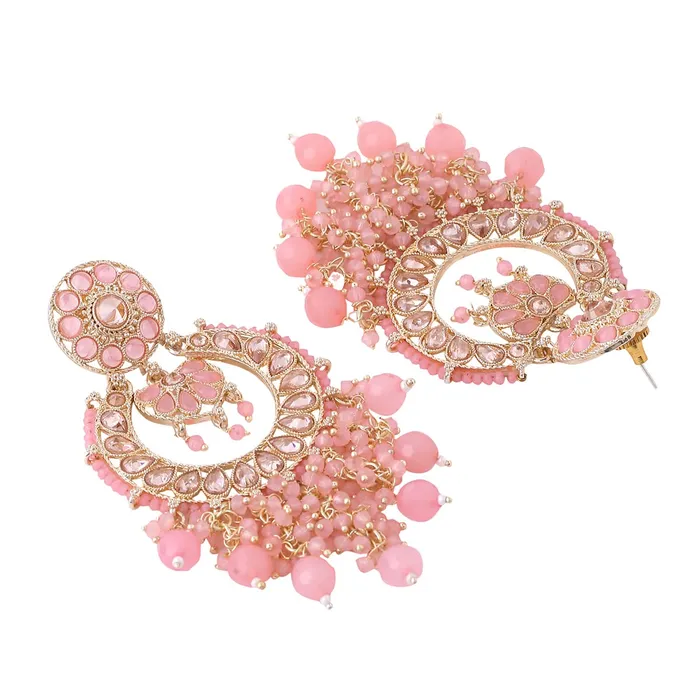 Yellow Chimes Necklaces Yellow Chimes Earrings for Women and Girls Traditional Pink Beads Chandbali Gold Plated Beads Chand Baliyan Earrings Birthday Gift for girls and women Anniversary Gift for Wife
