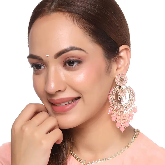 Yellow Chimes Necklaces Yellow Chimes Earrings for Women and Girls Traditional Pink Beads Chandbali Gold Plated Beads Chand Baliyan Earrings Birthday Gift for girls and women Anniversary Gift for Wife