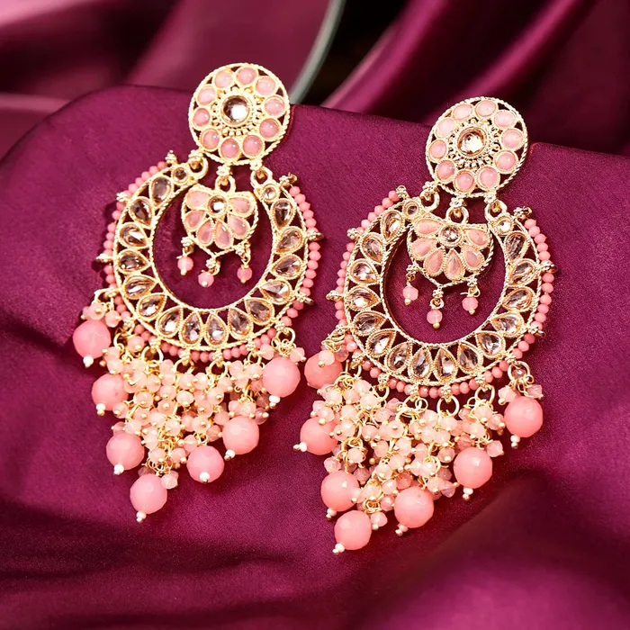 Yellow Chimes Necklaces Yellow Chimes Earrings for Women and Girls Traditional Pink Beads Chandbali Gold Plated Beads Chand Baliyan Earrings Birthday Gift for girls and women Anniversary Gift for Wife