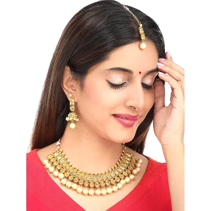 Yellow Chimes Necklaces Yellow Chimes Ethnic Gold Plated Studded Kundan Beads Jewellery Set Traditional Pearl Choker Necklace Set with Earrings and maang Tikka for Women and Girls Medium YCTJNS18DESGPRLGL