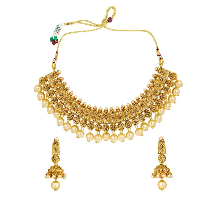 Yellow Chimes Necklaces Yellow Chimes Ethnic Gold Plated Studded Kundan Beads Jewellery Set Traditional Pearl Choker Necklace Set with Earrings and maang Tikka for Women and Girls Medium YCTJNS18DESGPRLGL