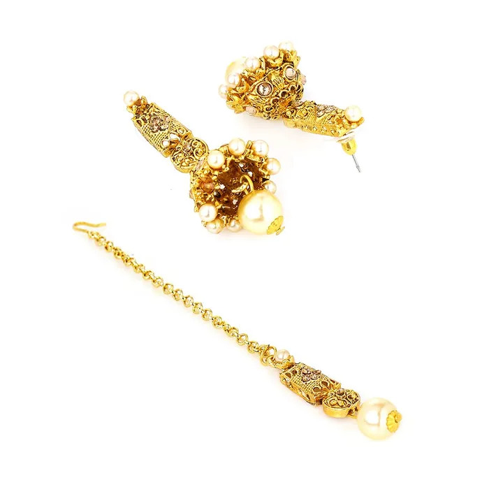 Yellow Chimes Necklaces Yellow Chimes Ethnic Gold Plated Studded Kundan Beads Jewellery Set Traditional Pearl Choker Necklace Set with Earrings and maang Tikka for Women and Girls Medium YCTJNS18DESGPRLGL