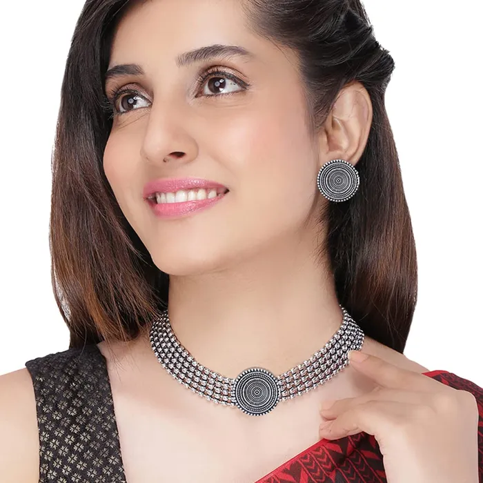 Yellow Chimes Necklaces Yellow Chimes Ethnic Oxidised Silver Threaded Jewelry Beads Traditional Choker Necklace Set for Women and Girls medium YCTJNS49OXDCIRCLSL