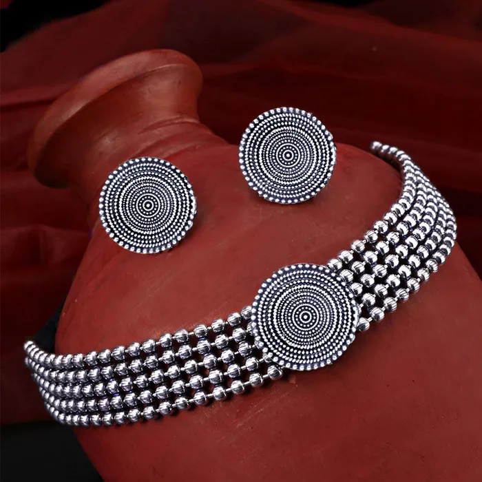 Yellow Chimes Necklaces Yellow Chimes Ethnic Oxidised Silver Threaded Jewelry Beads Traditional Choker Necklace Set for Women and Girls medium YCTJNS49OXDCIRCLSL