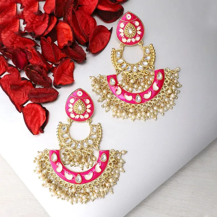 Yellow Chimes Necklaces Yellow Chimes Meenakari Chandbali Earrings for Women Ethnic Gold Plated Handpainted Traditional Pink Chandbali Earrings for Women and Girls