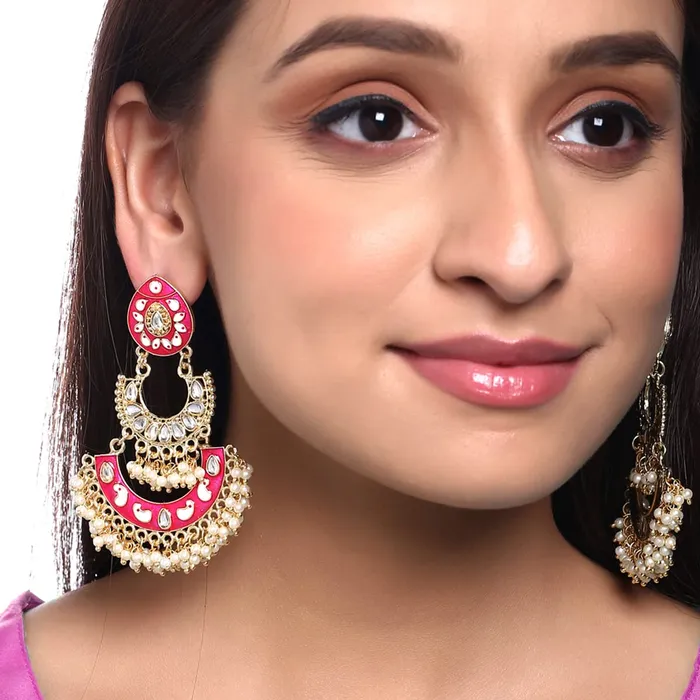 Yellow Chimes Necklaces Yellow Chimes Meenakari Chandbali Earrings for Women Ethnic Gold Plated Handpainted Traditional Pink Chandbali Earrings for Women and Girls