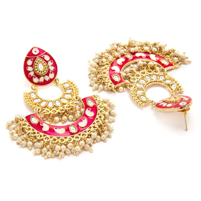 Yellow Chimes Necklaces Yellow Chimes Meenakari Chandbali Earrings for Women Ethnic Gold Plated Handpainted Traditional Pink Chandbali Earrings for Women and Girls