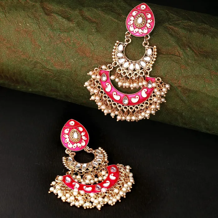 Yellow Chimes Necklaces Yellow Chimes Meenakari Chandbali Earrings for Women Ethnic Gold Plated Handpainted Traditional Pink Chandbali Earrings for Women and Girls