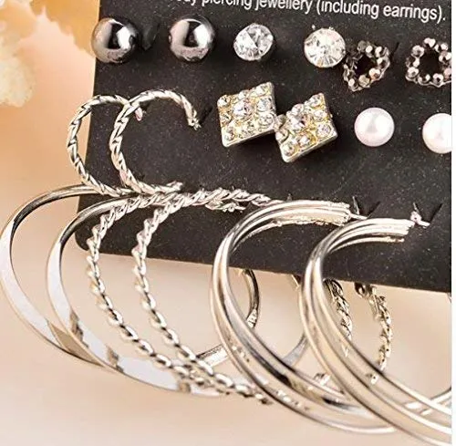 Yellow Chimes Rings Yellow Chimes 9 Pair Assorted Combo Crystal Stud and Big Hoops Earrings for Women and Girls Hoops Studs