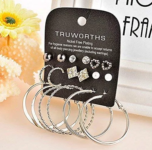 Yellow Chimes Rings Yellow Chimes 9 Pair Assorted Combo Crystal Stud and Big Hoops Earrings for Women and Girls Hoops Studs