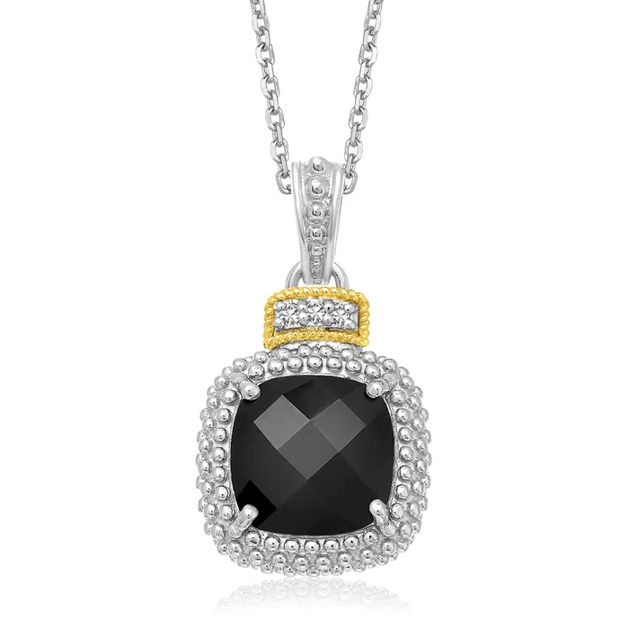 18k Yellow Gold Sterling Silver Popcorn Cushion Black Onyx and Diamond Pendant MayaMila Necklaces 18k Yellow Gold Sterling Silver Popcorn Cushion Black Onyx and Diamond Pendant MayaMila Necklaces