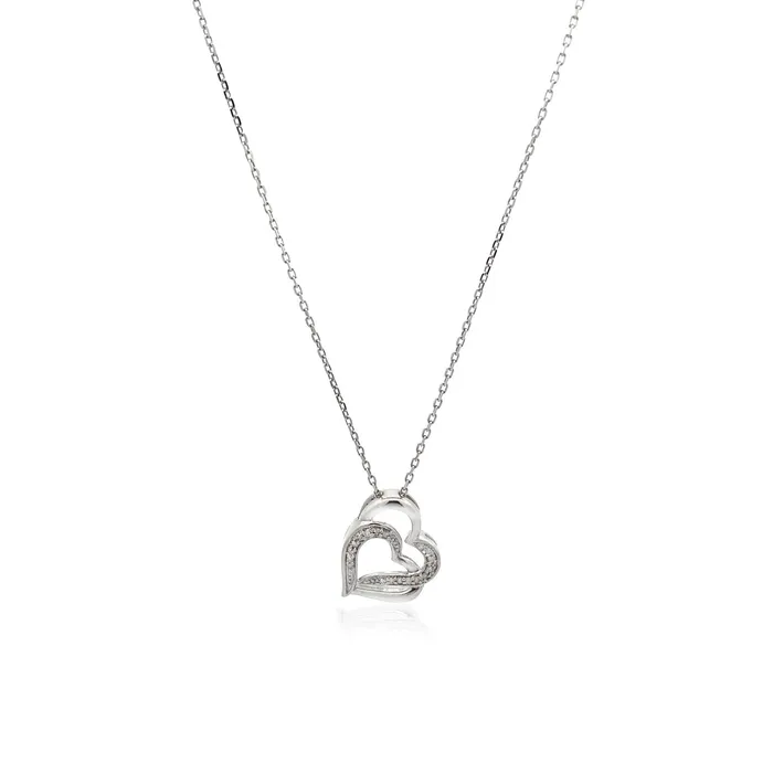 MayaMila Necklaces Sterling Silver Dual Heart Motif Pendant with Diamonds 06 cttw