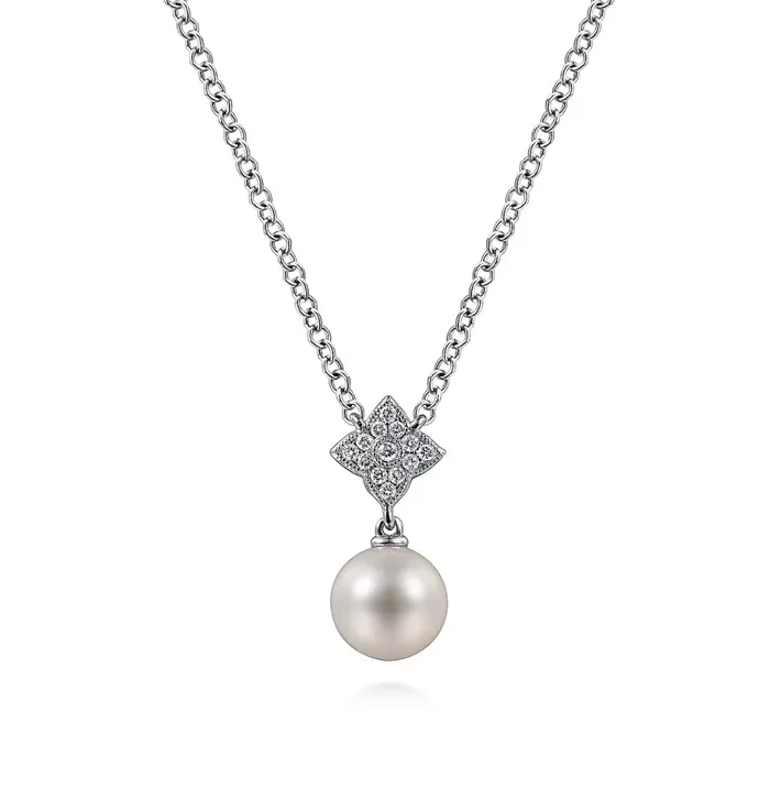 Necklaces GABRIEL CO GABRIEL CO18 inch 14K White Gold Cultured Pearl and Floral Diamond Pendant Necklace NK4511W45PL Necklaces GABRIEL CO GABRIEL CO18 inch 14K White Gold Cultured Pearl and Floral Diamond Pendant Necklace NK4511W45PL
