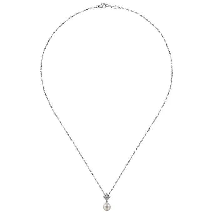 Necklaces GABRIEL CO GABRIEL CO18 inch 14K White Gold Cultured Pearl and Floral Diamond Pendant Necklace NK4511W45PL