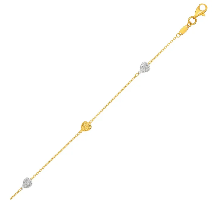 Necklaces MayaMila 14k TwoToned Yellow and White Gold Anklet with Textured Hearts Necklaces MayaMila 14k TwoToned Yellow and White Gold Anklet with Textured Hearts
