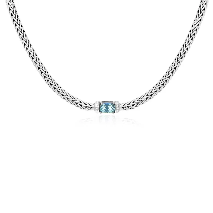 Necklaces MayaMila Sterling Silver Woven Chain Necklace with Blue Topaz and White Sapphires