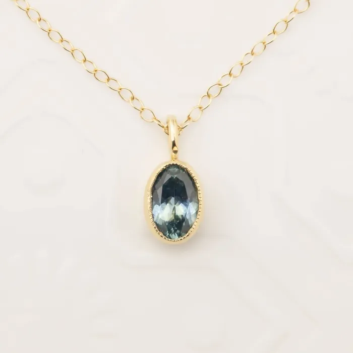 Ocean Blue Montana Sapphire Bezel Set Charm Necklace One of a kind Envero Jewelry Necklaces