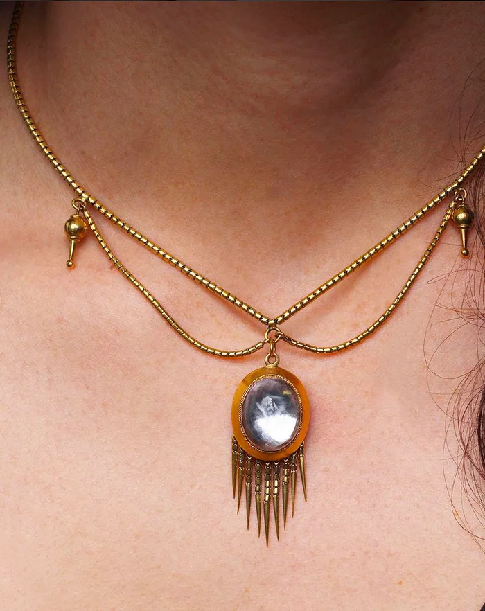 Bell Bird Antiques Necklaces Victorian Era Gold Necklace with Rock Crystal Fringe Locket