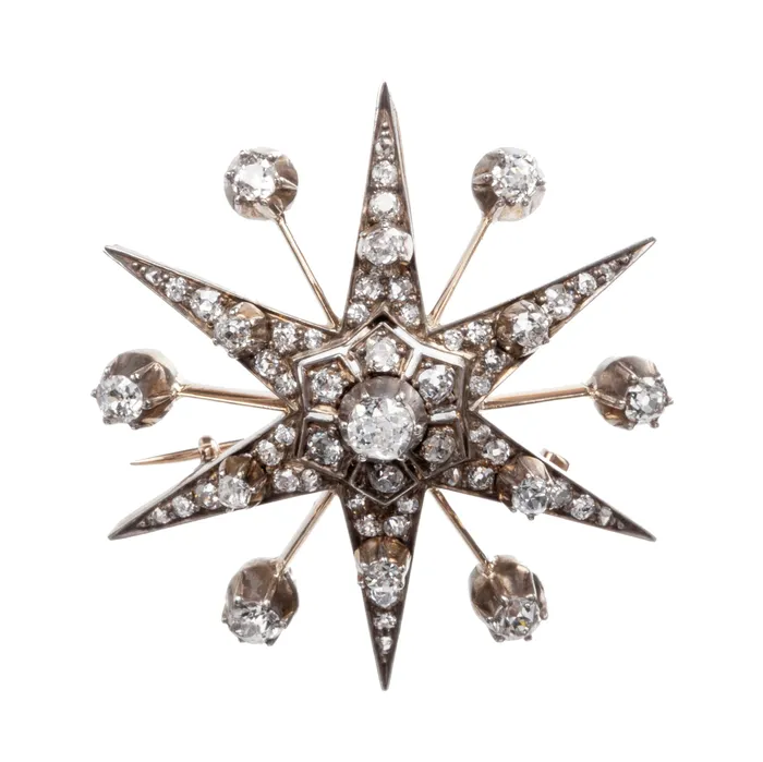 Bell Bird Antiques Necklaces Victorian Era Old Mine Cut Diamond Starburst Pendant Bell Bird Antiques Necklaces Victorian Era Old Mine Cut Diamond Starburst Pendant