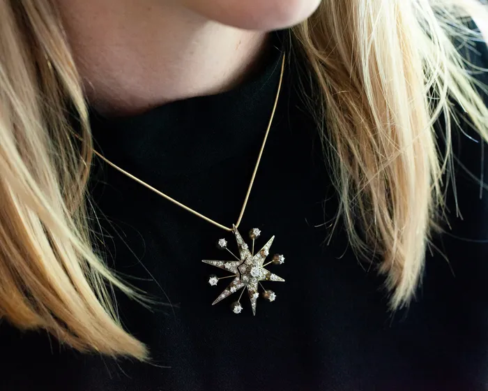 Bell Bird Antiques Necklaces Victorian Era Old Mine Cut Diamond Starburst Pendant