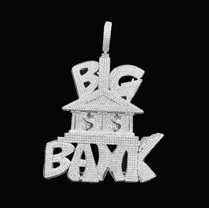 Big Bank with Dollar Signs Iced Out Letter Diamond Pendant Necklace BIG BANK Necklaces Big Bank with Dollar Signs Iced Out Letter Diamond Pendant Necklace BIG BANK Necklaces