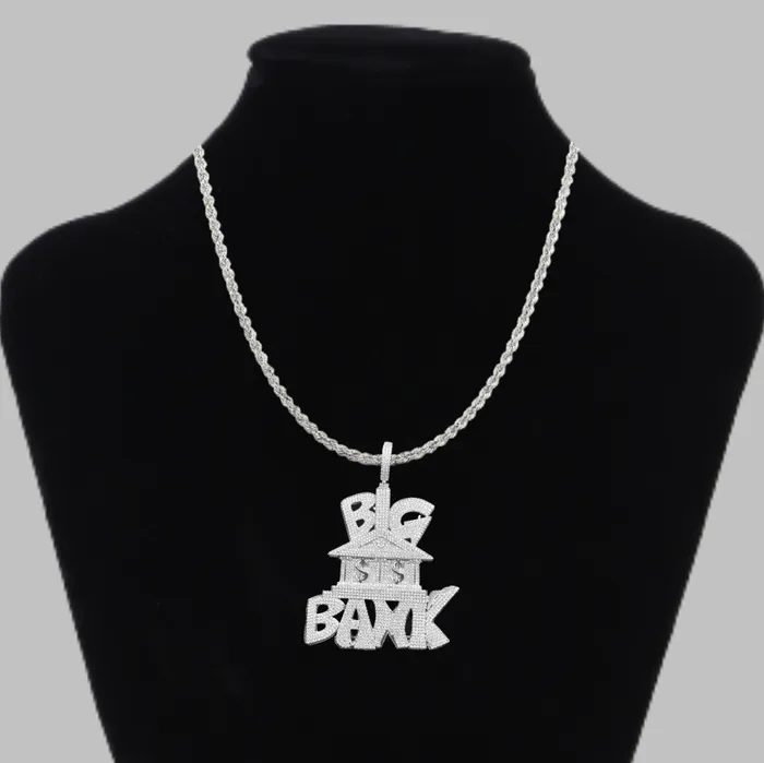 Big Bank with Dollar Signs Iced Out Letter Diamond Pendant Necklace BIG BANK Necklaces