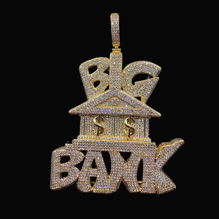 Big Bank with Dollar Signs Iced Out Letter Diamond Pendant Necklace BIG BANK Necklaces
