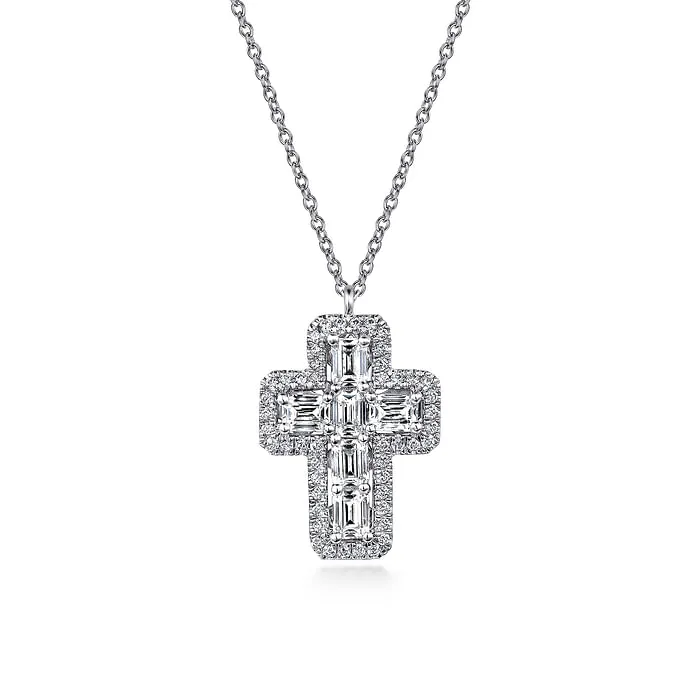 GABRIEL CO Necklaces 14K White Gold Emerald Cut Diamond Cross Necklace GABRIEL CO Necklaces 14K White Gold Emerald Cut Diamond Cross Necklace