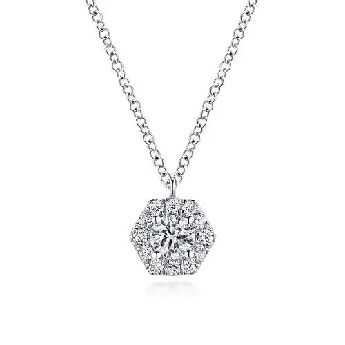 GABRIEL CO Necklaces 14K White Gold Round Diamond Hexagonal Halo Pendant Necklace