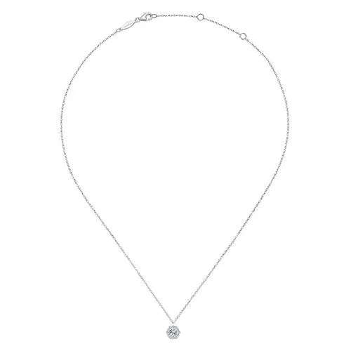 GABRIEL CO Necklaces 14K White Gold Round Diamond Hexagonal Halo Pendant Necklace GABRIEL CO Necklaces 14K White Gold Round Diamond Hexagonal Halo Pendant Necklace