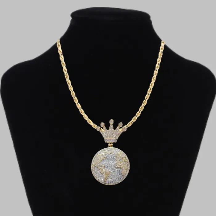 Globe World Crown Bail Iced Out Diamond Pendant Necklace Icey Pyramid Necklaces