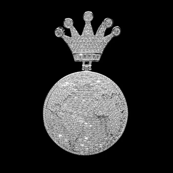 Globe World Crown Bail Iced Out Diamond Pendant Necklace Icey Pyramid Necklaces